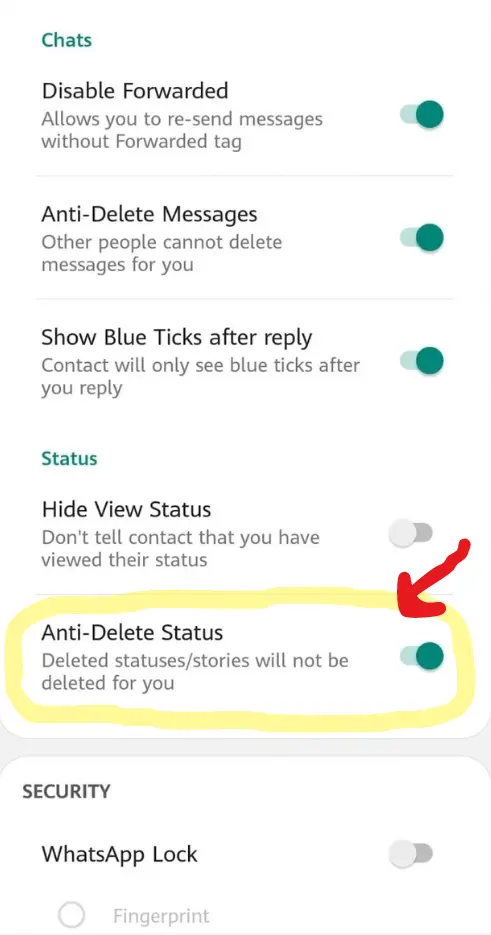 FM WhatsApp Anti-delete status, hide view status, Anti-delete messages, disable forwarded